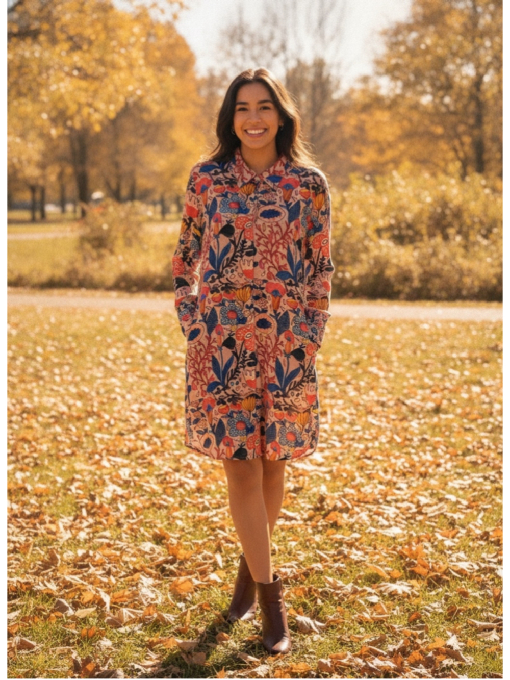 Natural Life Long Sleeve Floral Dress Size L Beige Blue